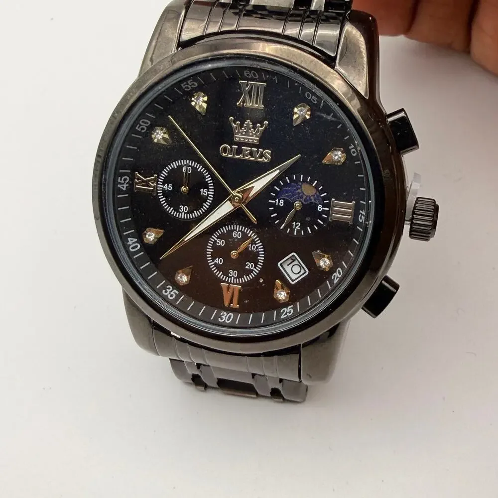 Sleek OLEVS 2858 Men's Black Stainless Steel Chrono Watch - New Battery!